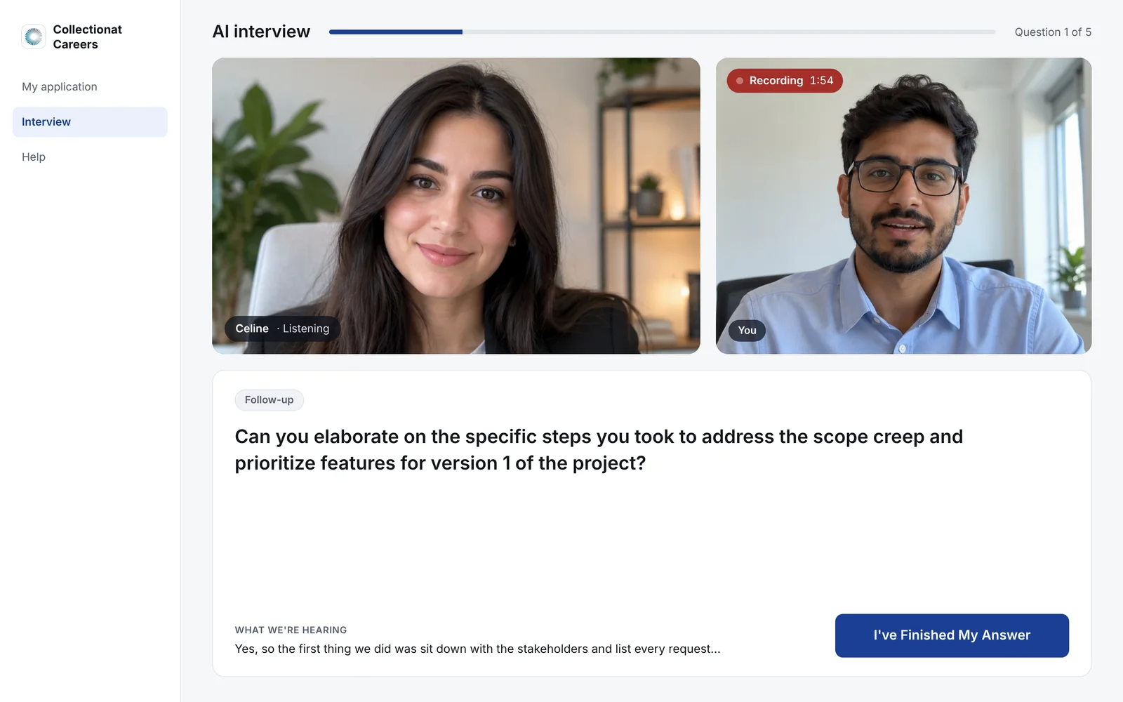 AI video interview room with presenter, candidate camera and live transcript